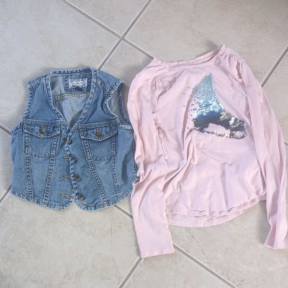 GAP Blue Jean Vests Girls Size 10, And Gap Pink Ice Skate Top Size 12